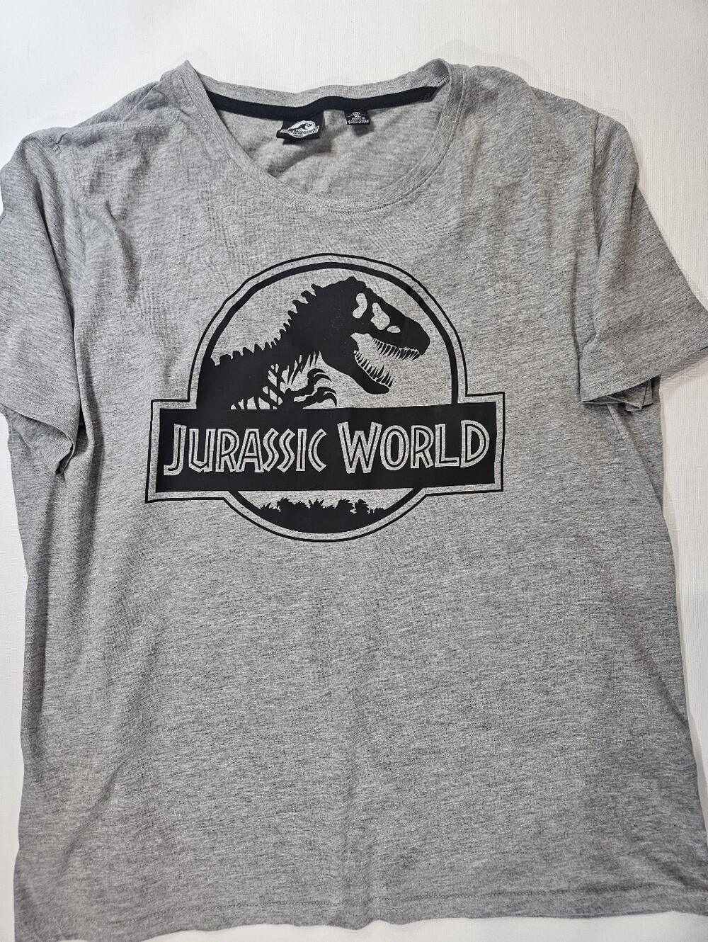 Jurassic World T-shirt Womens Size Large Grey Black Classic T-Rex Skeleton Logo